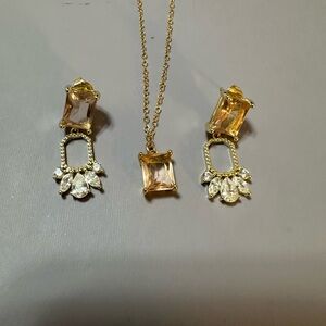 Jolie Necklace & Earrings Set. Champagne Hued Glass Emerald Cut Bezel. Art Deco.